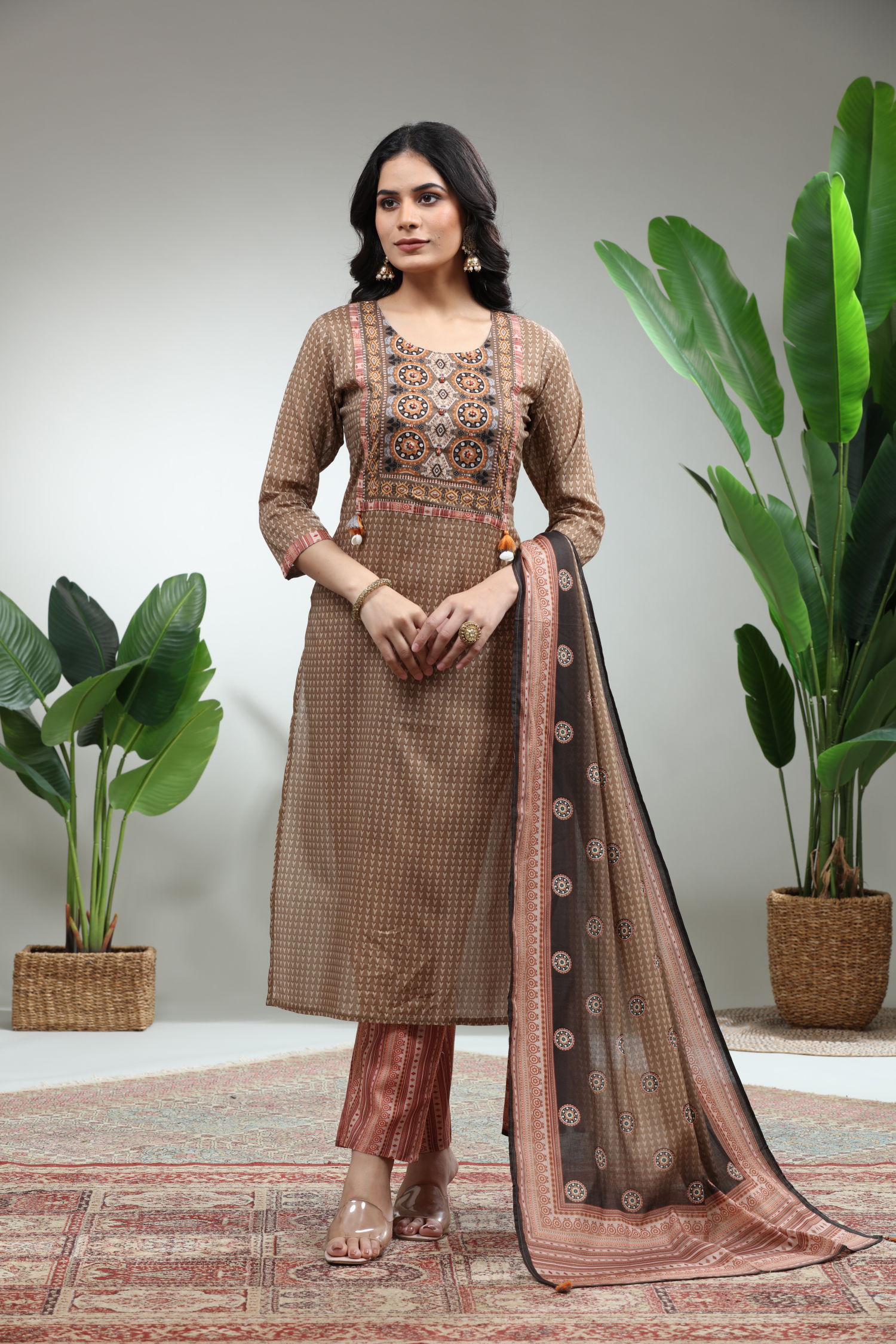 Brown 3 Piece Suit Set With Dupatta